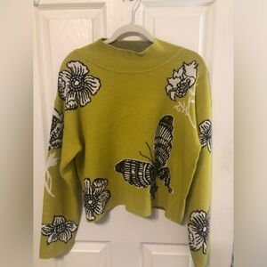NWOT Tahari Green Sweater with Black and White Floral Butterfly Design